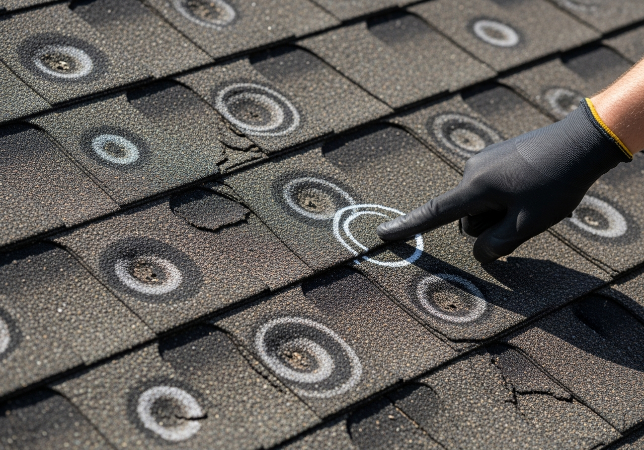Close-up of hail damaged asphalt shingles in Lincoln NE with chalked test square showing functional impact marks