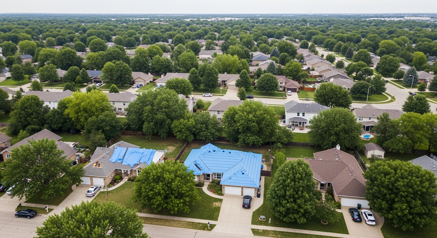 Drone overhead view of a Lincoln Nebraska residential neighborhood after a storm event
