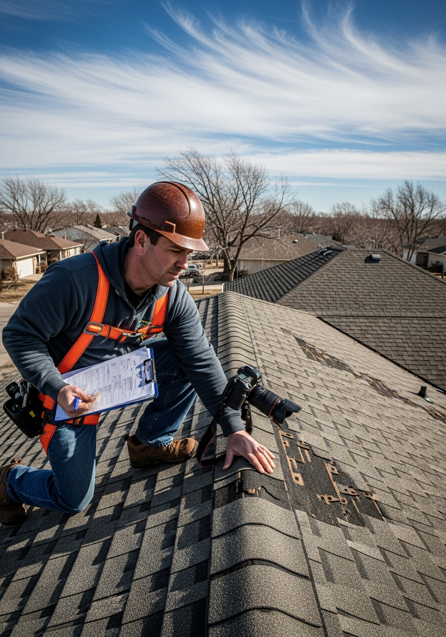 Lincoln NE roof claim inspector documenting hail damage with camera and clipboard for insurance claim