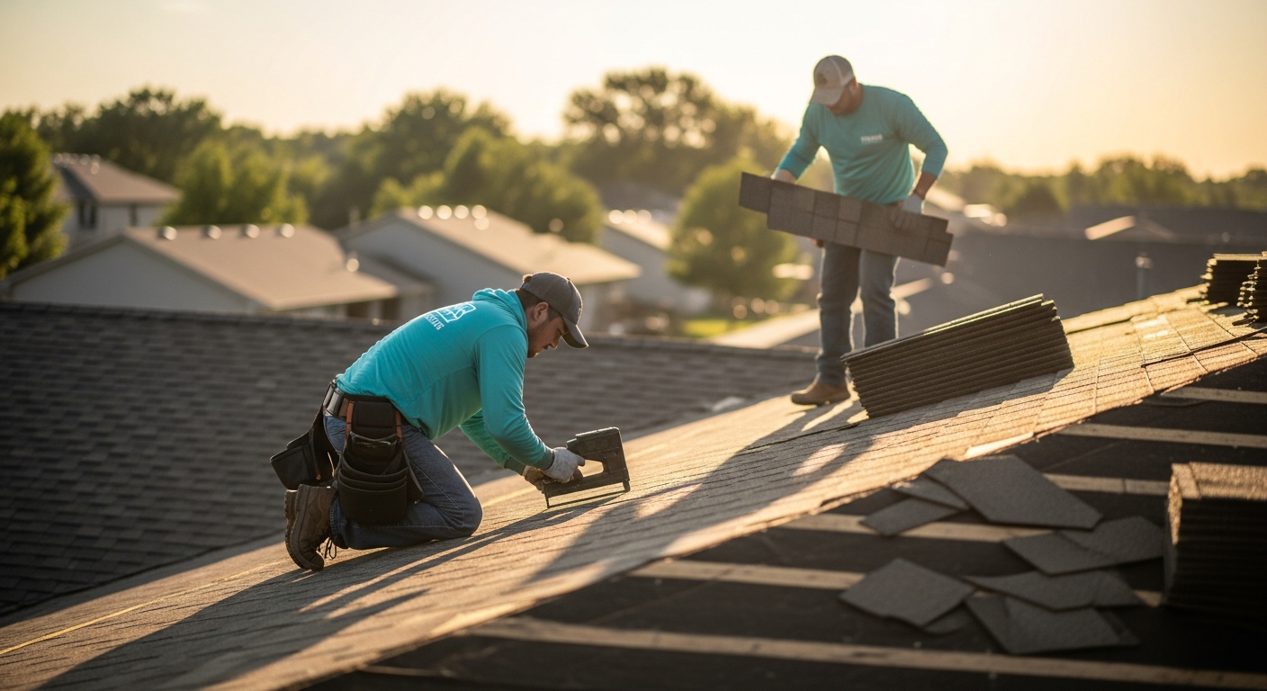 Roof replacement crew installing new architectural shingles on a Lincoln NE home after an approved insurance claim